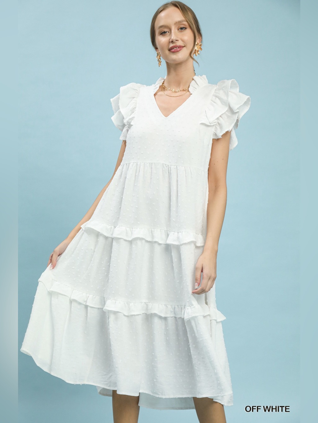 Umgee Textured Ruffle Sleeve Tiered Midi Dress